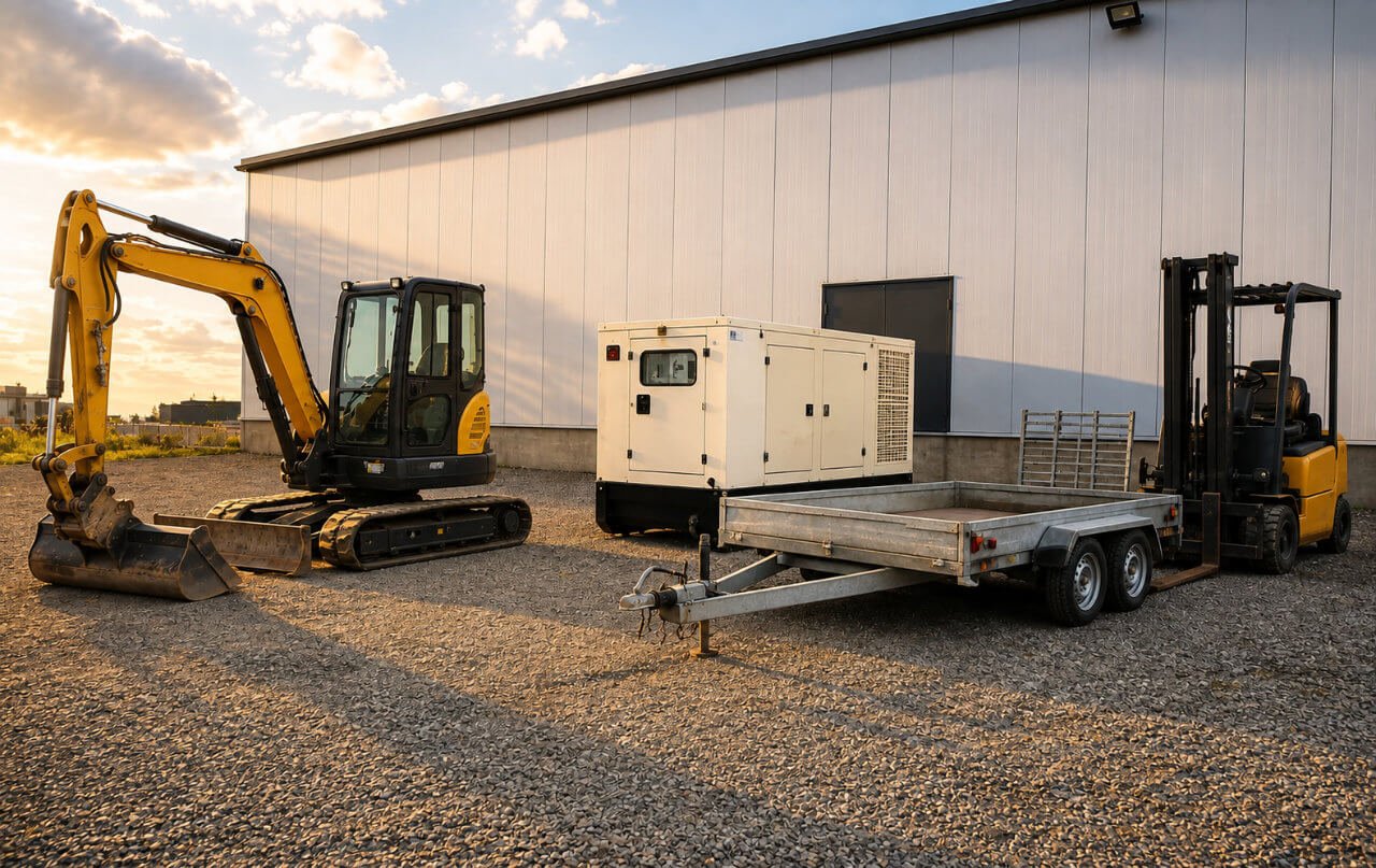 Excavator, generator, trailer and forklift parked at an industrial yard